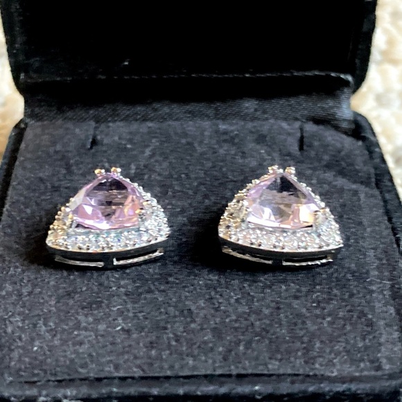 VJ CHINA Sterling Silver Lavender and Clear Stones Earrings 925 - Picture 2 of 14